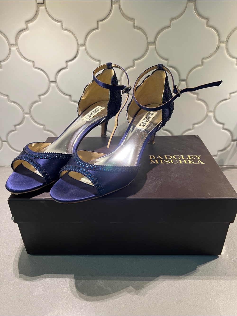 Badgley Mischka Navy Satin Crystal-Ankle Strap Heels